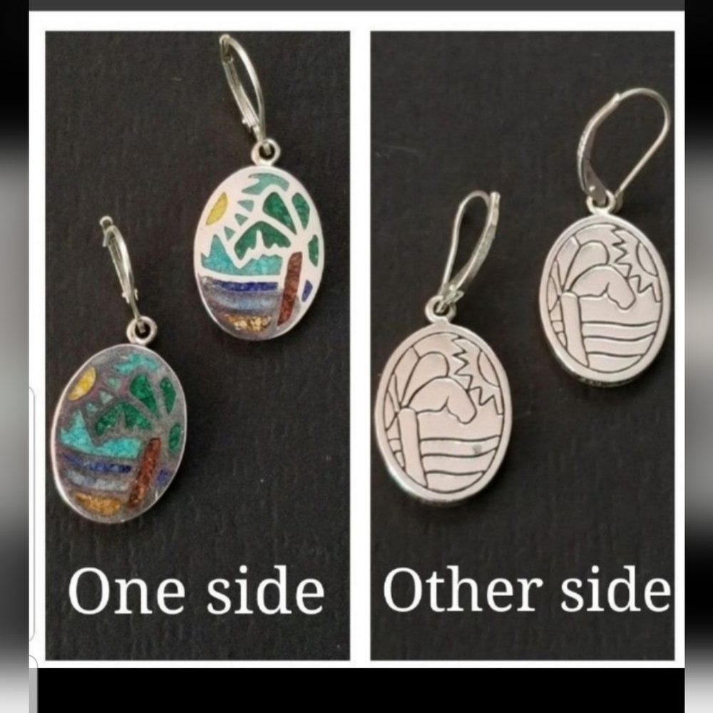 Sterling Silver Palm tree Beach Sun tropical dangle reversible turquoise earring